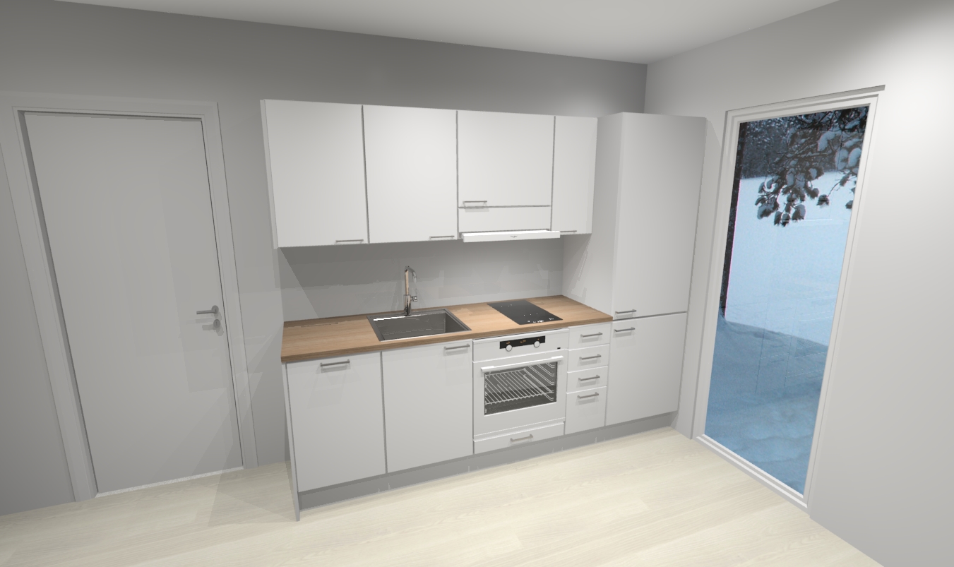 Moduuli2500-mallikeittiö. Kosteudenkestävät rungot, hyllyt ja irtosivut. Valkoiset ovet, 30mm laminaattitaso ja paikat integroitaville kodinkoneille.