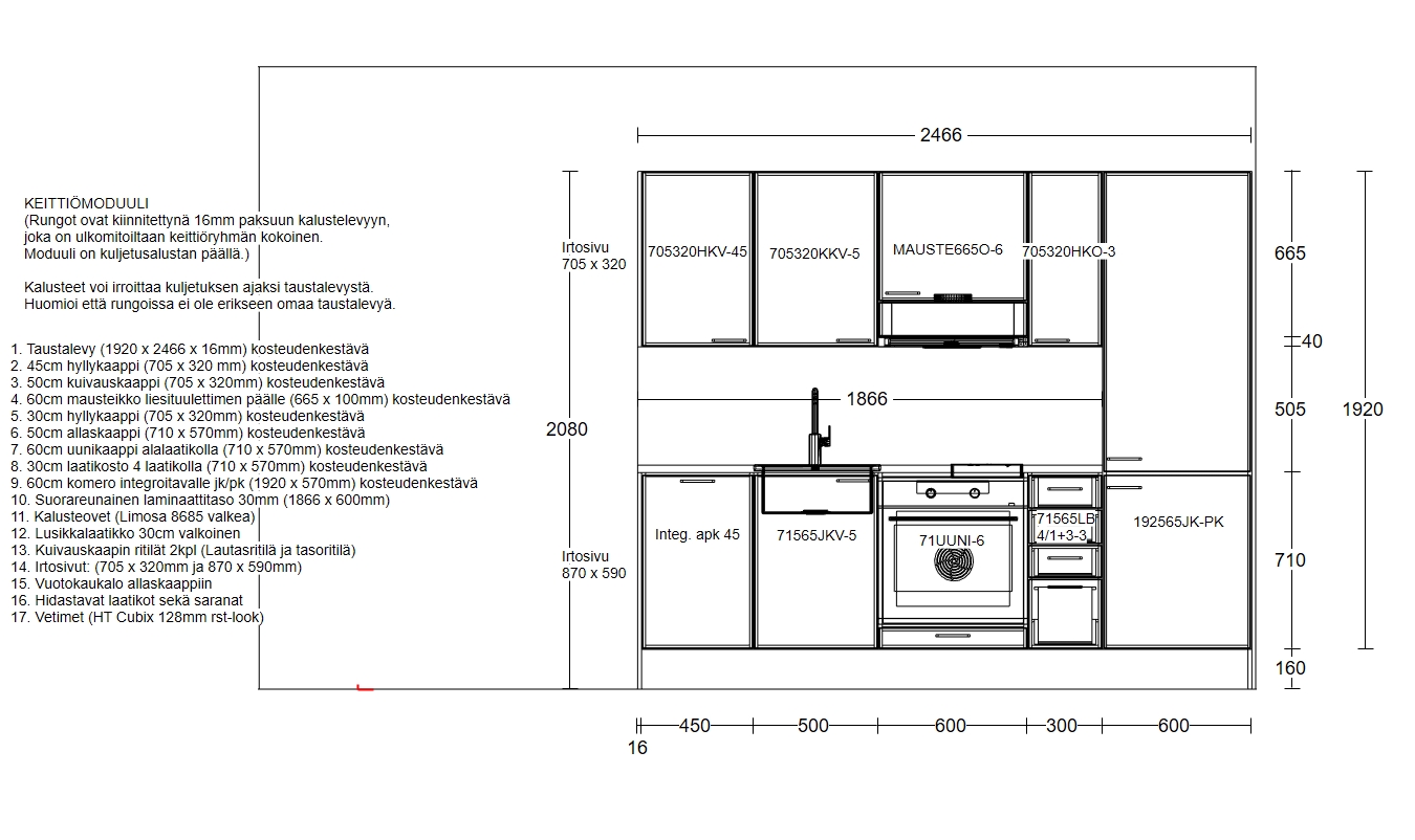 Moduuli2500-mallikeittiön mittakuva sekä tarkempi sisältöluettelo.