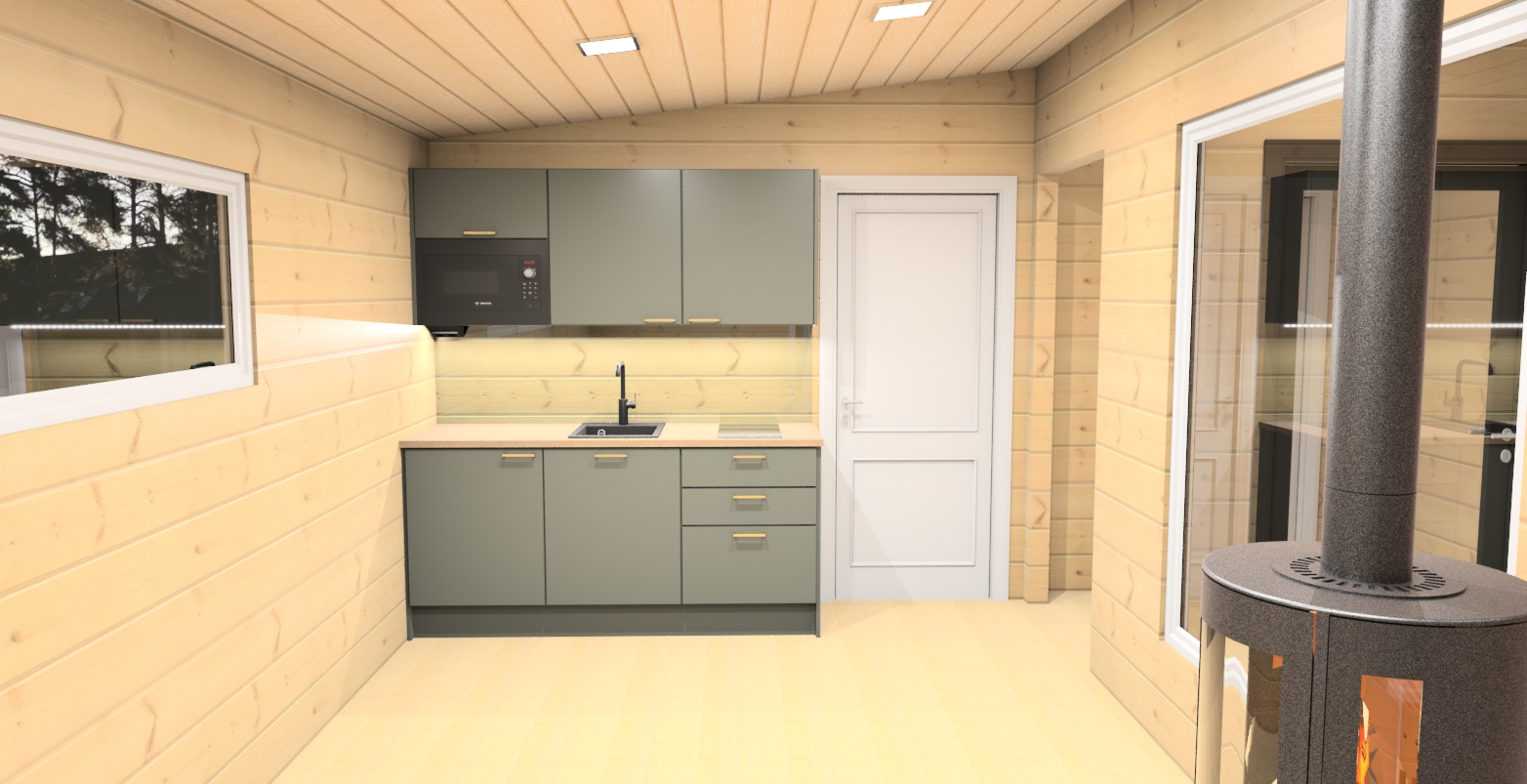 Keittiösuunnitelma: Kompakti mökkikeittiö luonnollisilla sävyillä ja materiaalivalinnoilla.